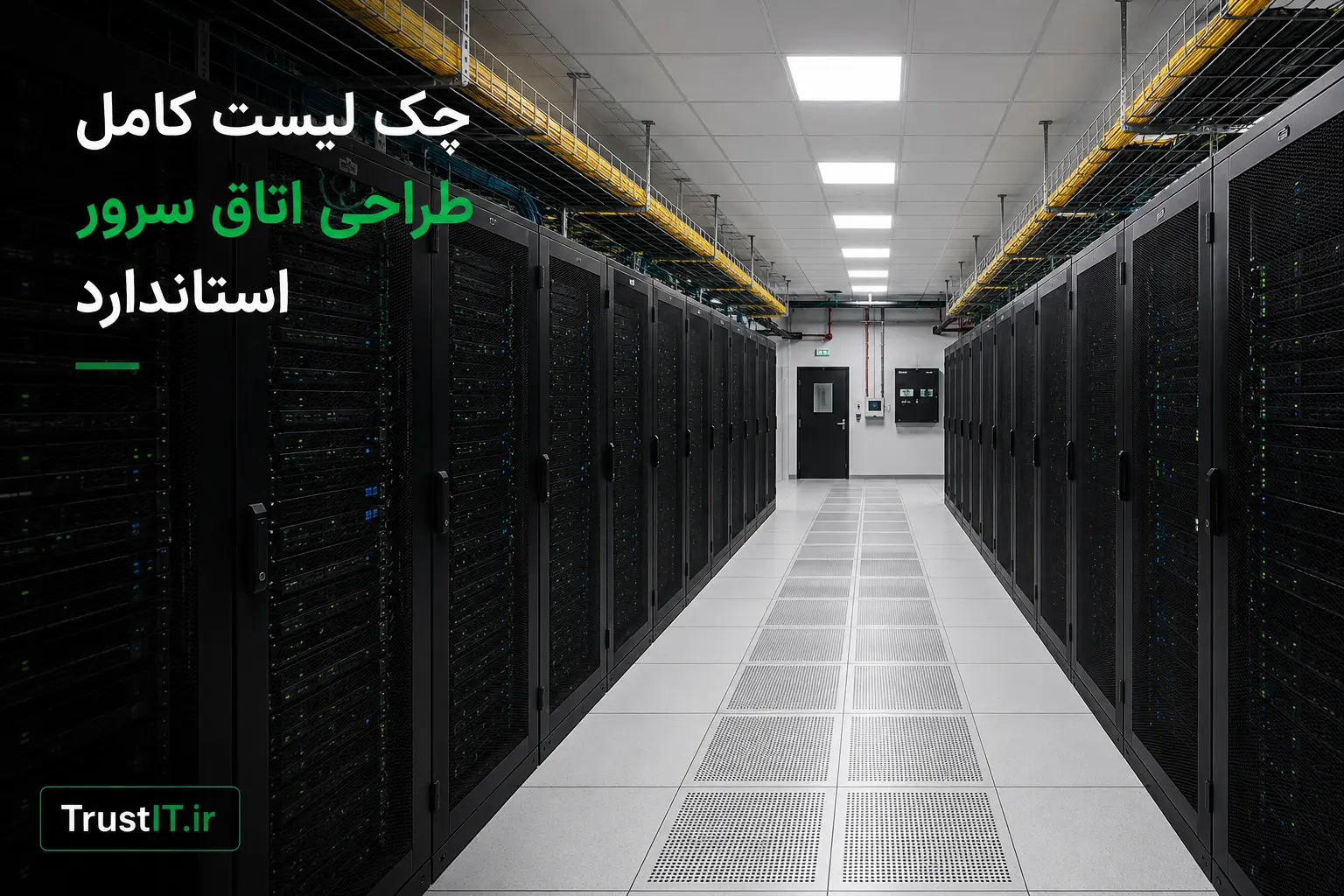 نمای داخلی اتاق سرور استاندارد با چیدمان رک و کف کاذب